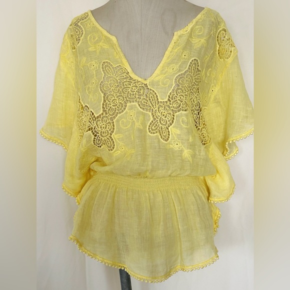 TEMPTATION POSITANO EMBROIDERED YELLOW LACE LINEN FLUTTER SLEEVE Y NECK BLOUSE M - Picture 1 of 7